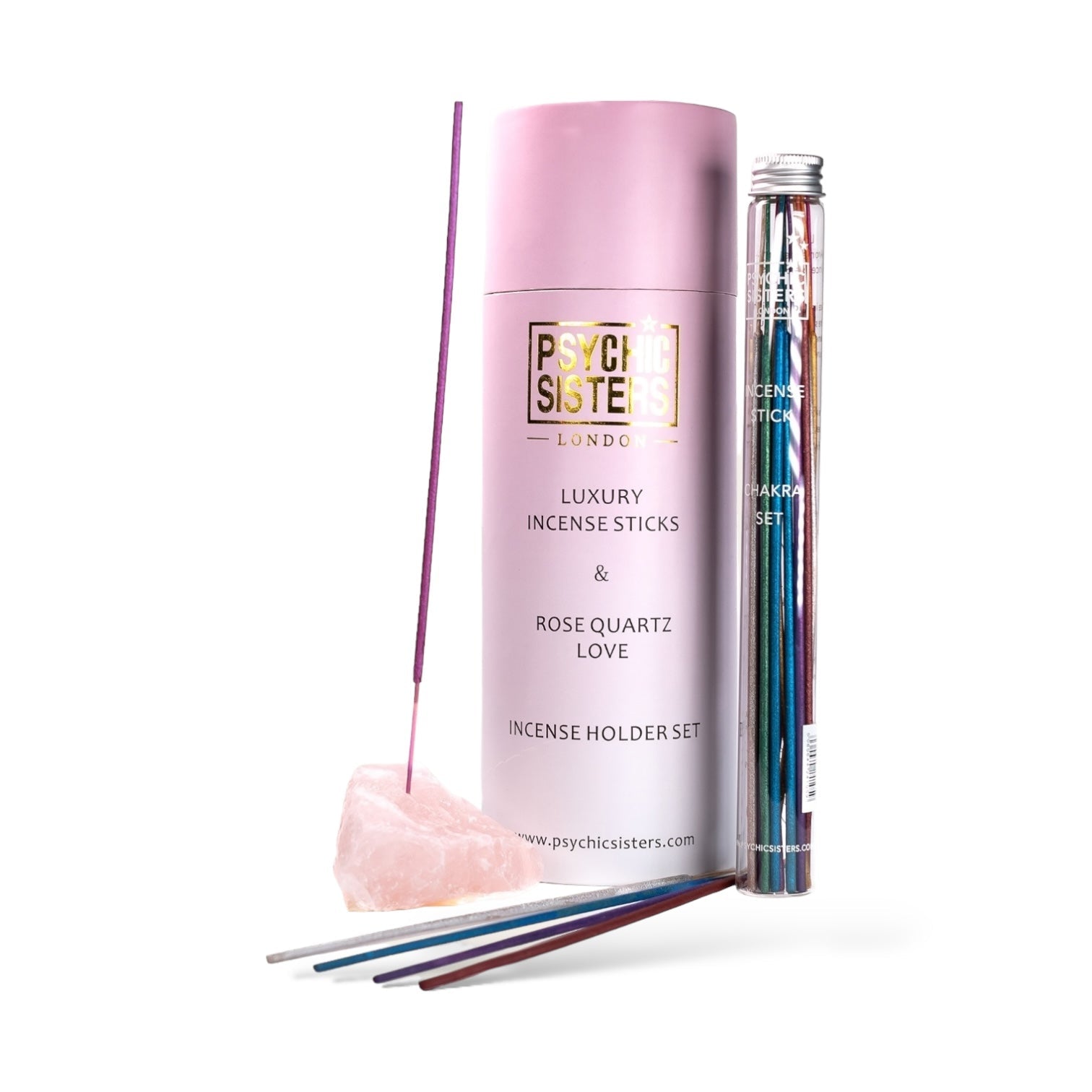Rose Quartz Incense Holder Set featuring luxury incense sticks and a rose quartz gemstone for good vibes.